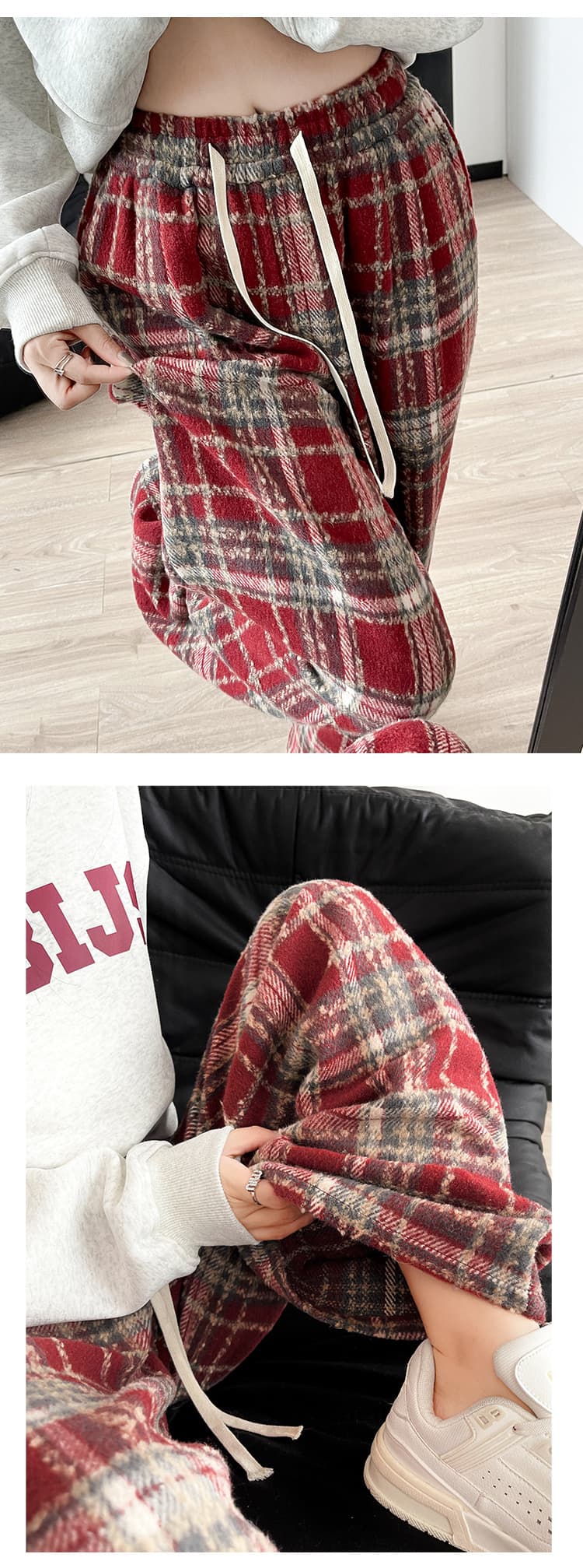 柄 パンツ ふんわり暖か チェックロングパンツ