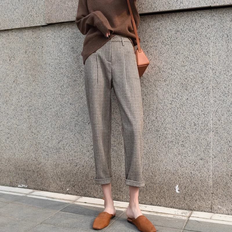 柄 パンツ カジュアルチェックワイドパンツ