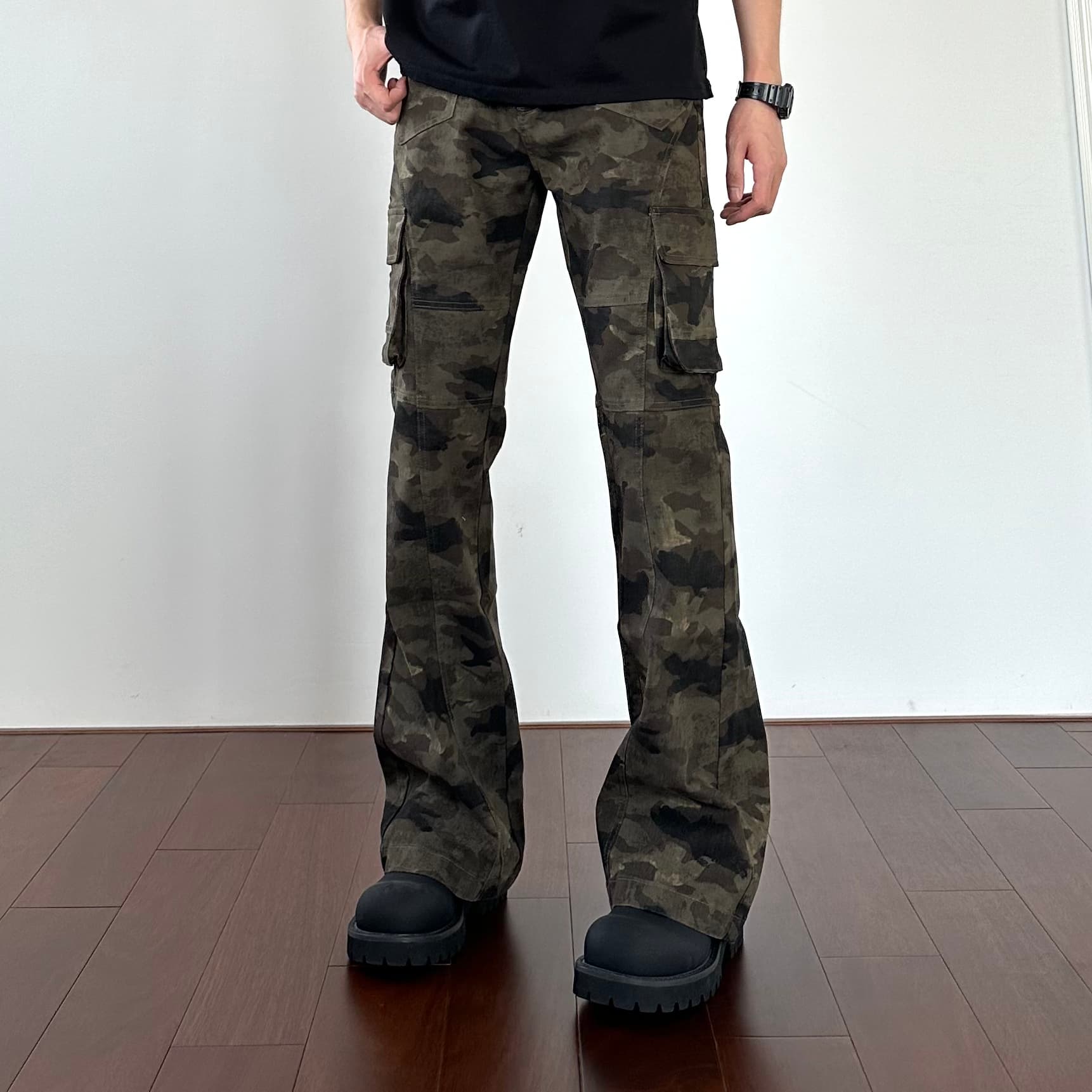 柄 パンツ ストレートカーゴ迷彩パンツ