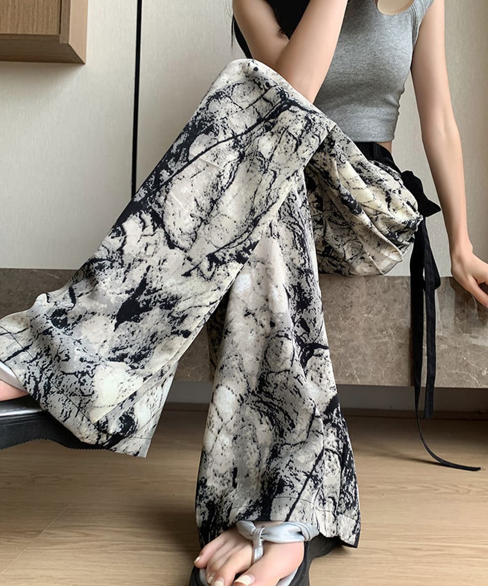 柄 パンツ 花柄ワイドパンツ レディース ウエストリボン付き