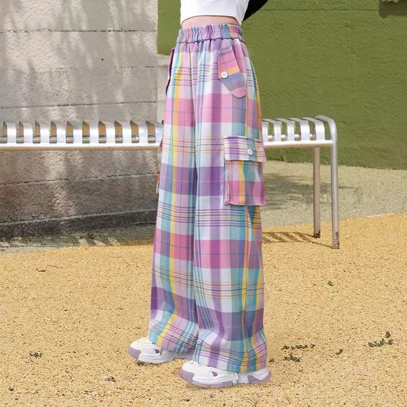 柄 パンツ ゆったりチェック柄カーゴパンツ