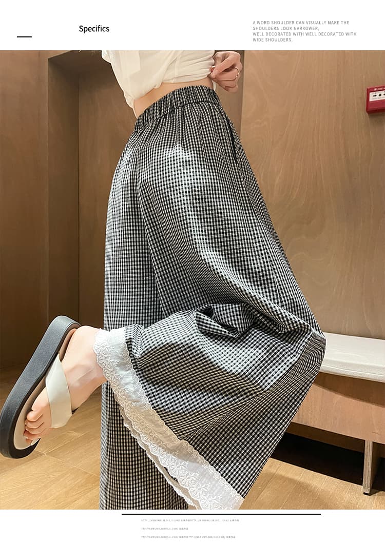 柄 パンツ レース裾ギンガムチェックワイドパンツ