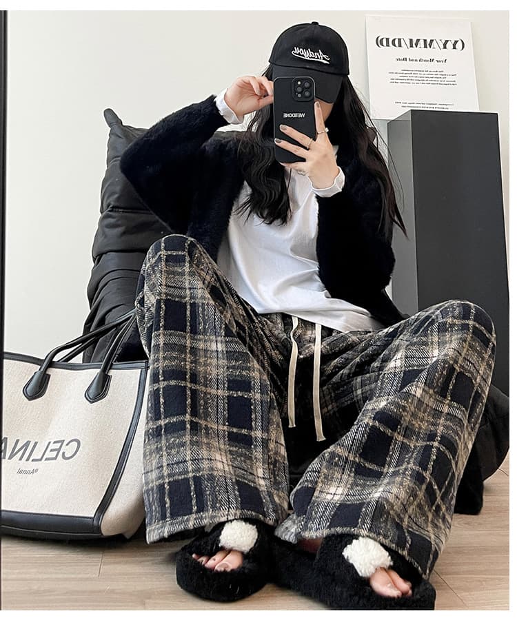 柄 パンツ ふんわり暖か チェックロングパンツ