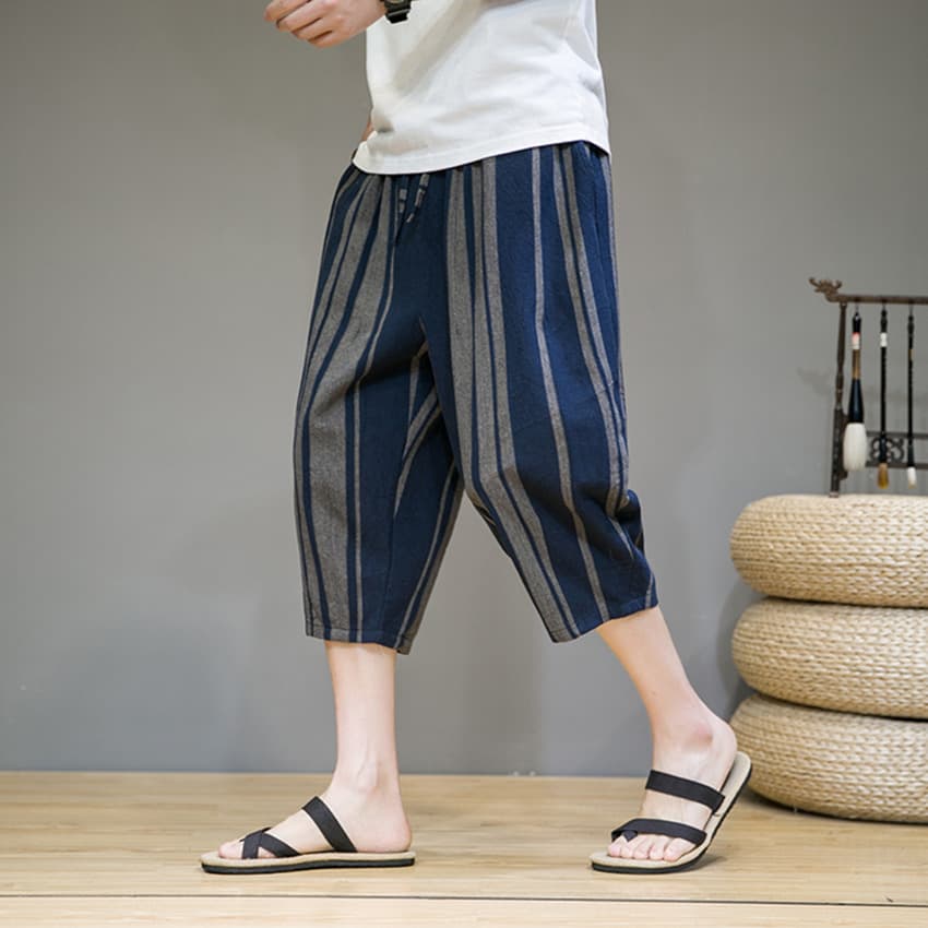 柄 パンツ 縦縞ゆったりクロップドパンツ