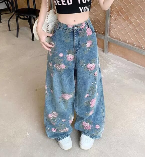 柄 パンツ 花柄プリントワイドデニムパンツ