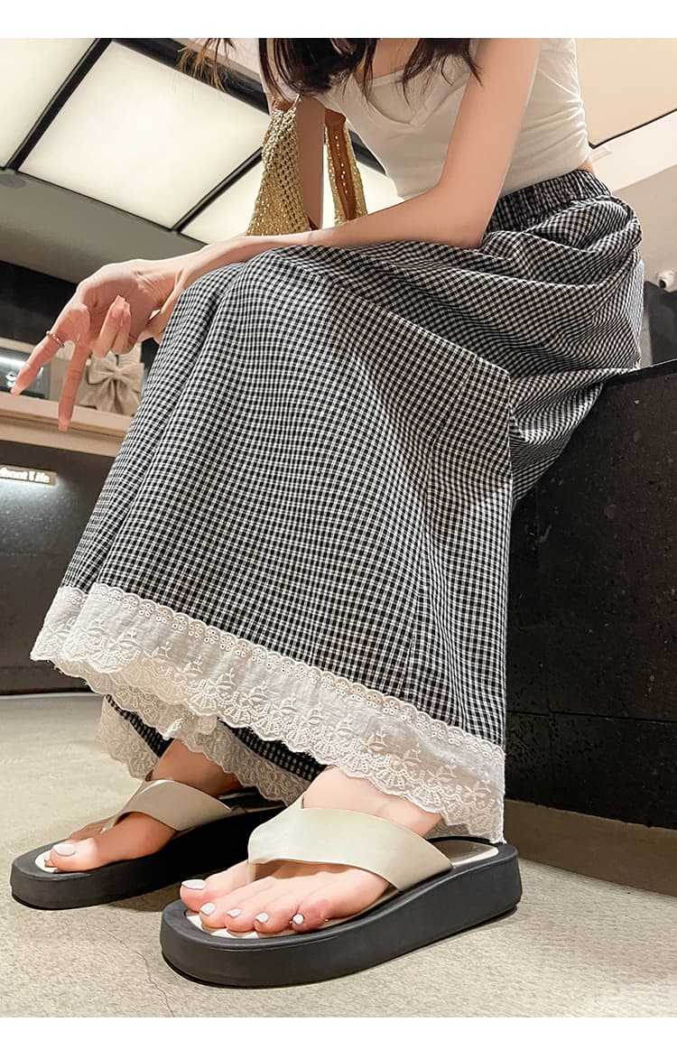 柄 パンツ レース裾ギンガムチェックワイドパンツ
