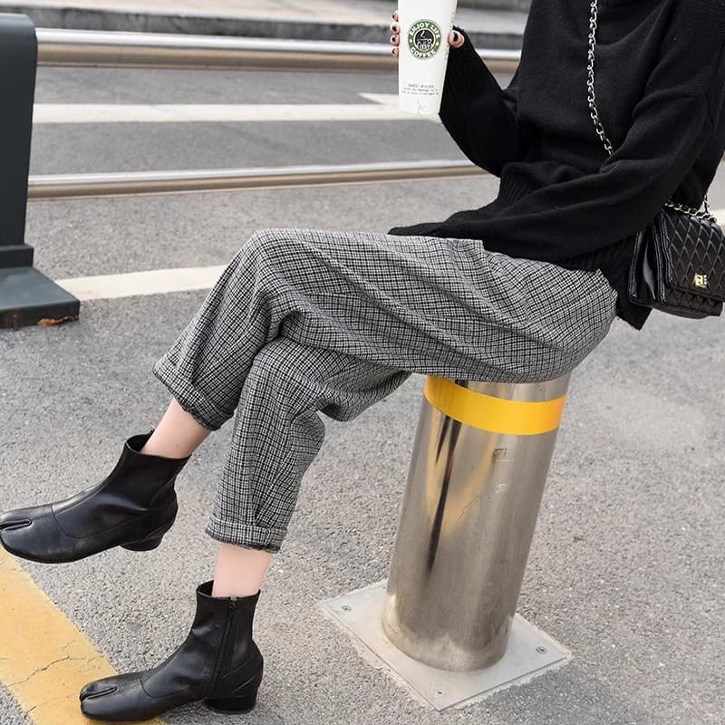 柄 パンツ カジュアルチェックワイドパンツ