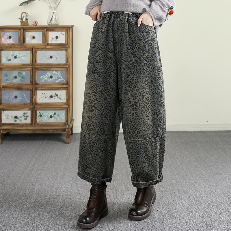 柄 パンツ ゆったり豹柄デニムワイドパンツ