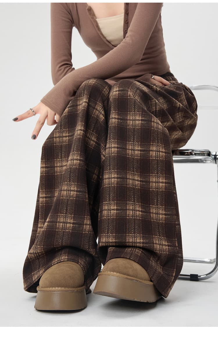 柄 パンツ ウール混チェック柄ワイドパンツ