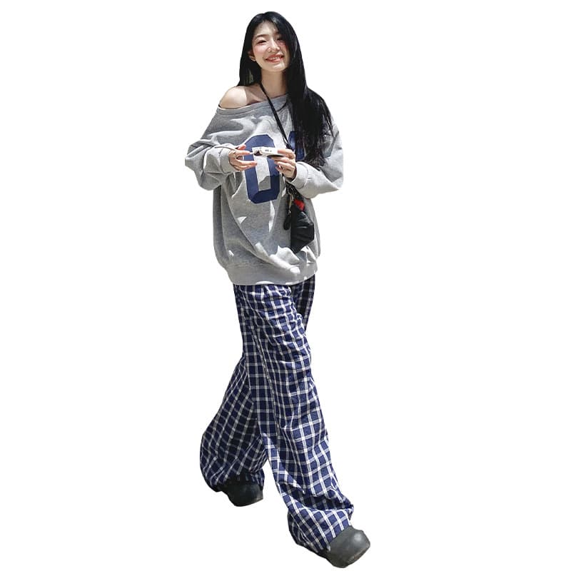柄 パンツ ゆったりチェックパンツ