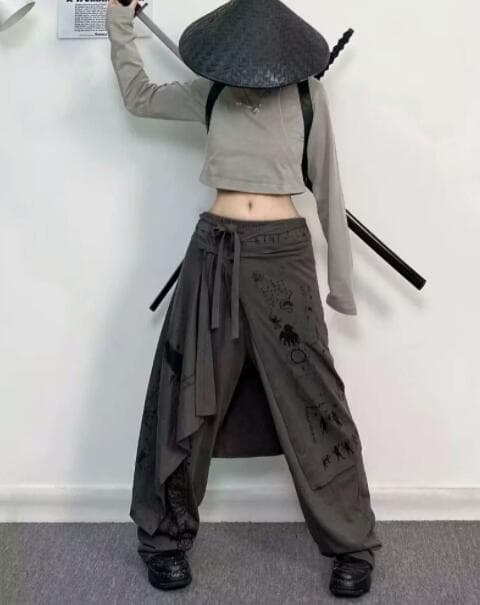 柄 パンツ 女の子向け不規則重ね着風ワイドパンツ