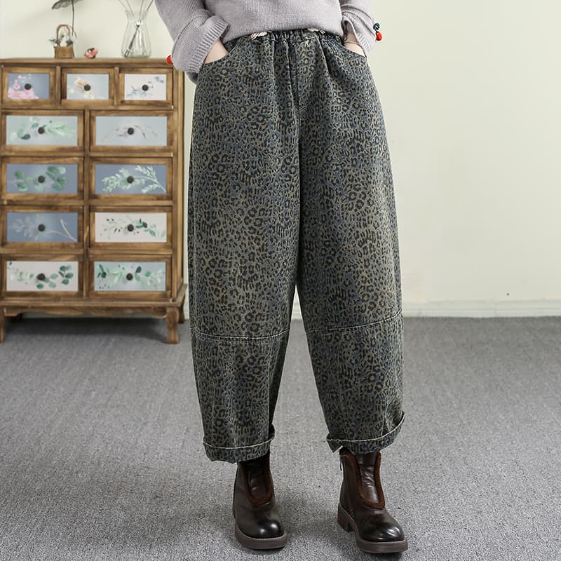柄 パンツ ゆったり豹柄デニムワイドパンツ