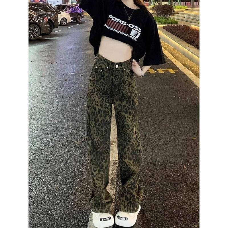 柄 パンツ ストリートヒョウ柄デニムワイドパンツ