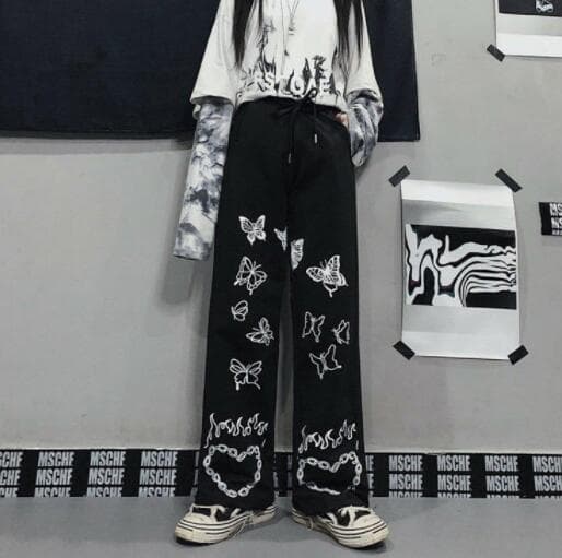 柄 パンツ 蝶々プリント ワイドパンツ カジュアル