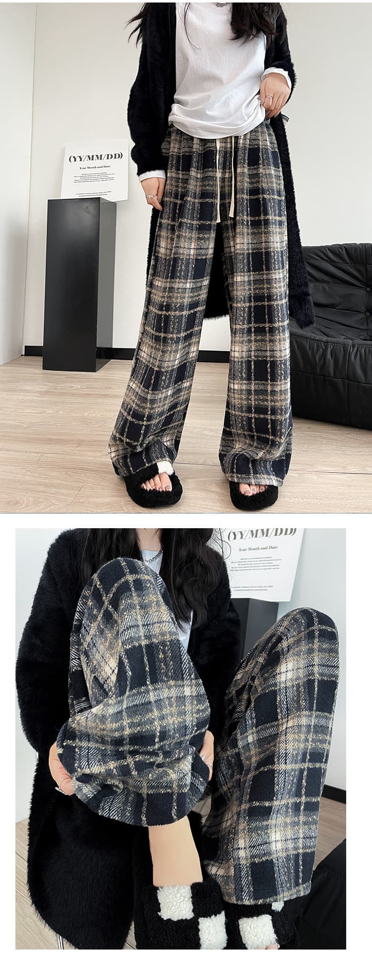 柄 パンツ ふんわり暖か チェックロングパンツ