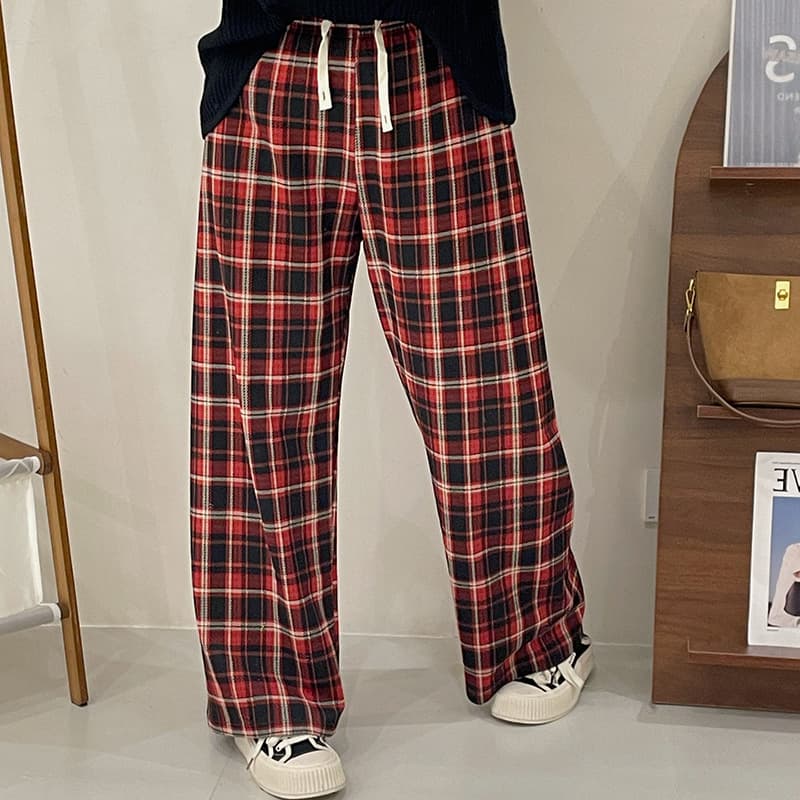 柄 パンツ シンプル ゆったり チェック柄パンツ