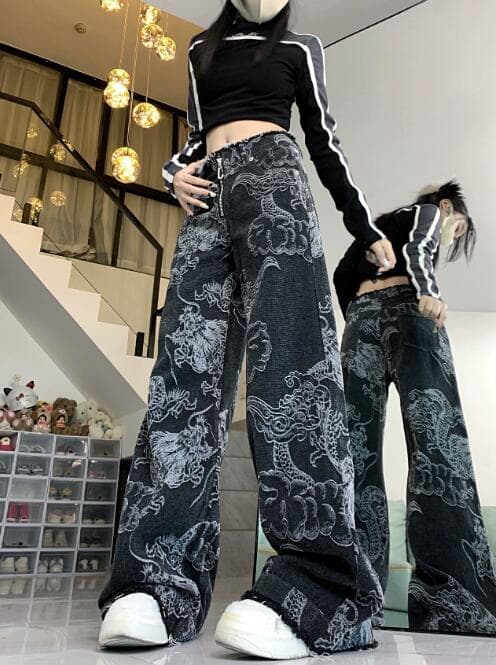 柄 パンツ 龍柄ワイドデニムパンツ レディース ユニセックス
