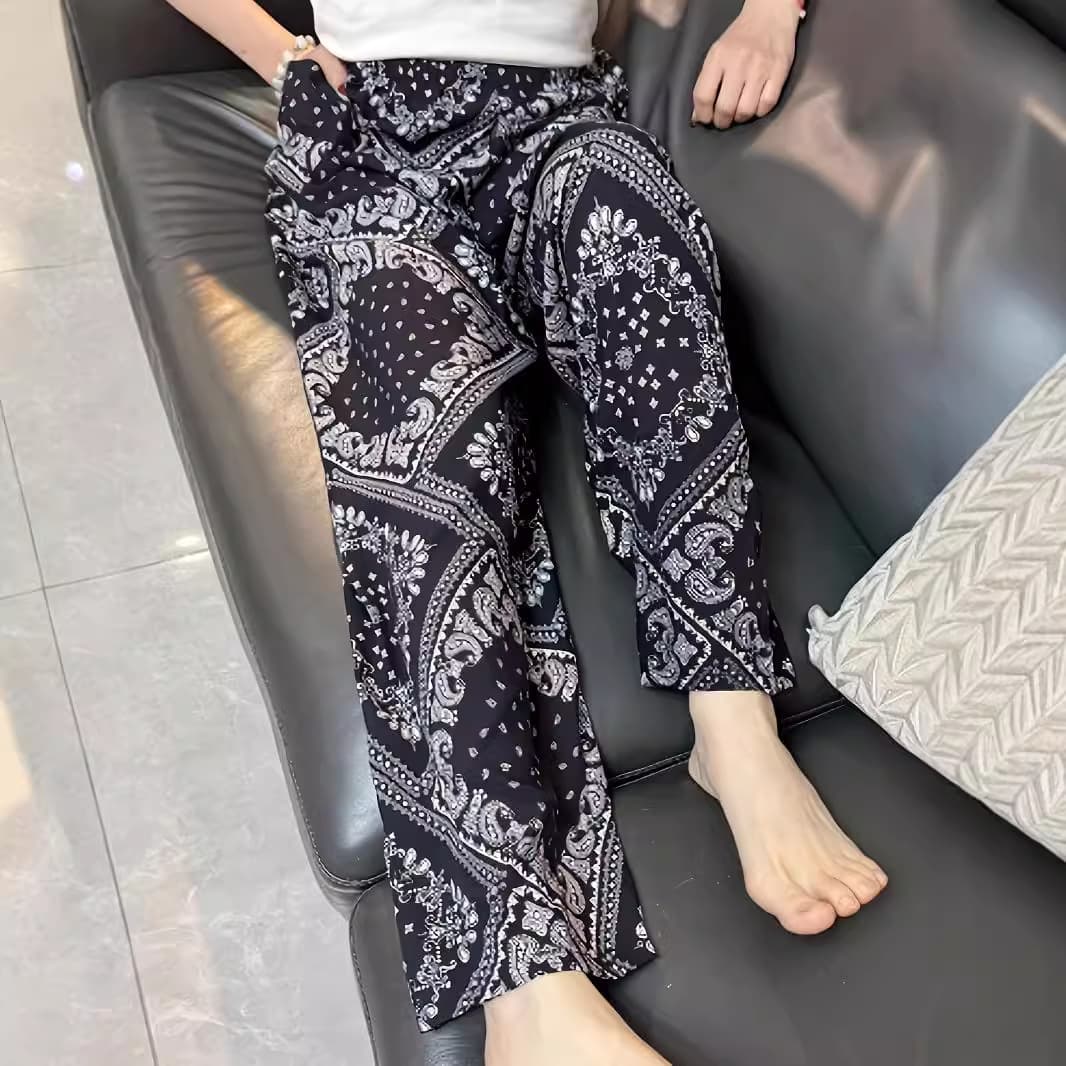 柄 パンツ アラベスク花模様ワイドパンツ
