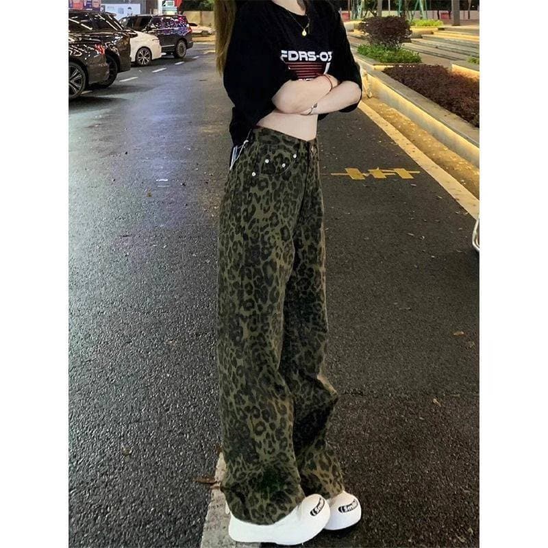 柄 パンツ ストリートヒョウ柄デニムワイドパンツ