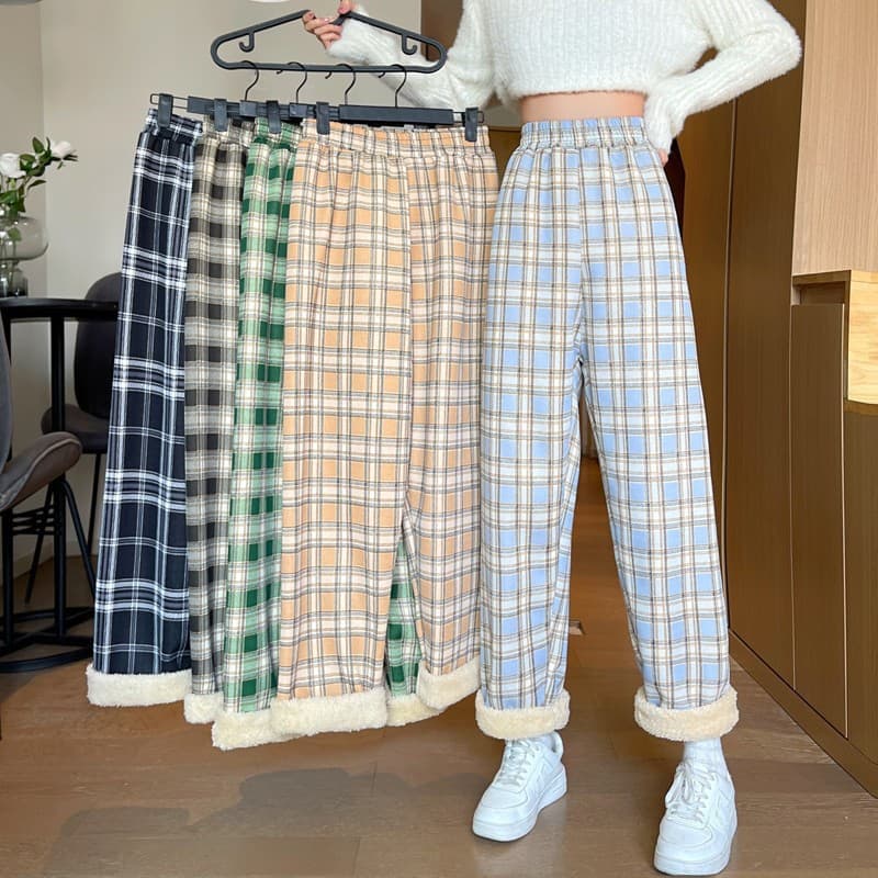 柄 パンツ もこもこ裏起毛チェックパンツ