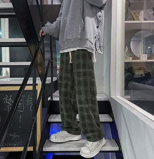 柄 パンツ 春夏メンズチェック柄パンツゆったりレトロボトムス