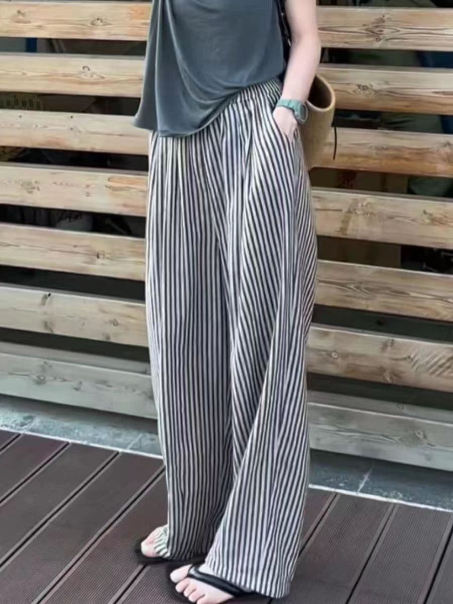 柄 パンツ 涼やかストライプワイドパンツ