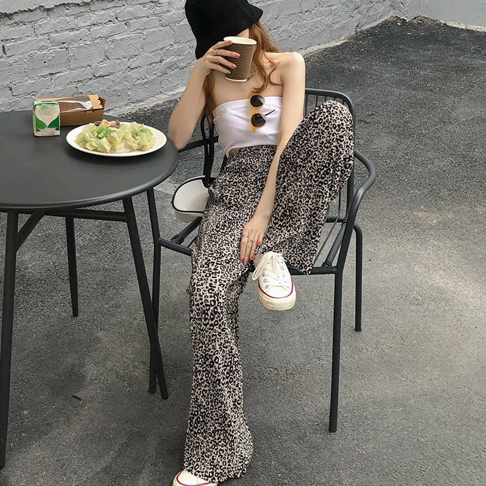 柄 パンツ レオパード柄プリーツワイドパンツ夏レディース