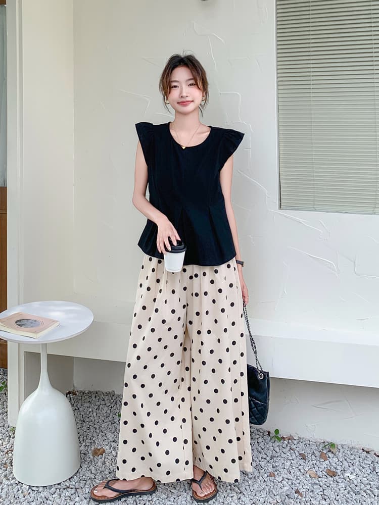 柄 パンツ 水玉模様のゆったりワイドパンツ