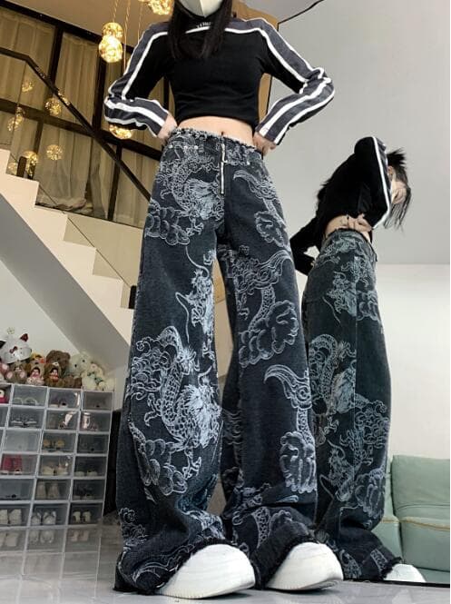 柄 パンツ 龍柄ワイドデニムパンツ レディース ユニセックス