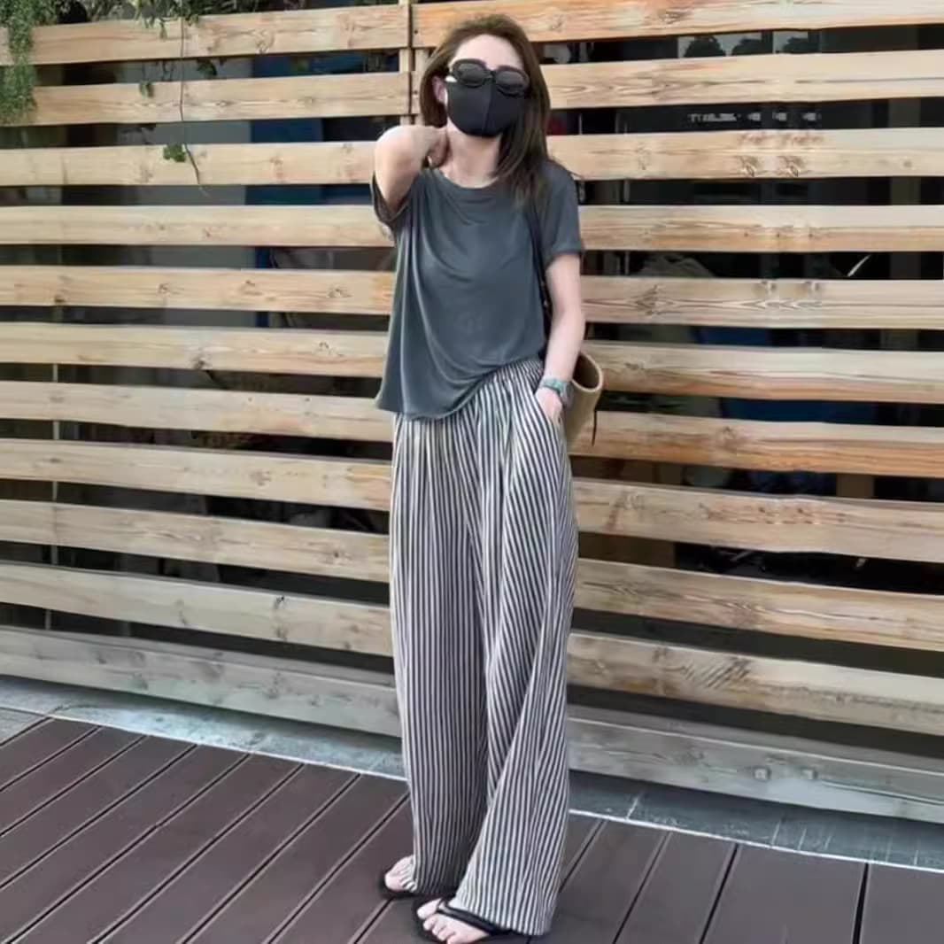 柄 パンツ 涼やかストライプワイドパンツ