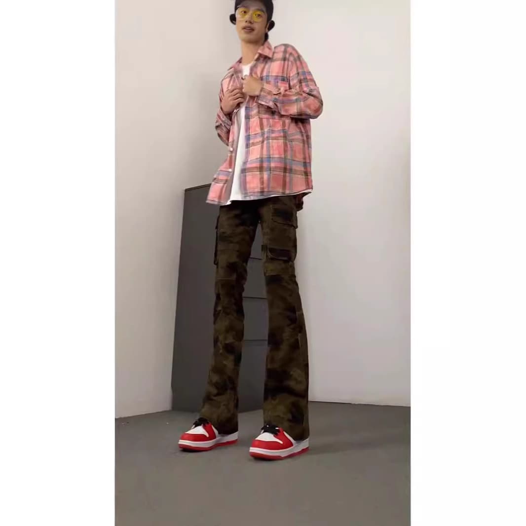柄 パンツ 細身カーゴ ブーツカット 迷彩パンツ