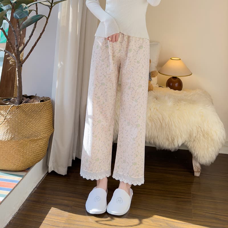 柄 パンツ 優美な小花レース付きパジャマパンツ