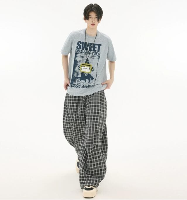 柄 パンツ チェック柄カーゴパンツ ワイド ゆったりメンズボトムス