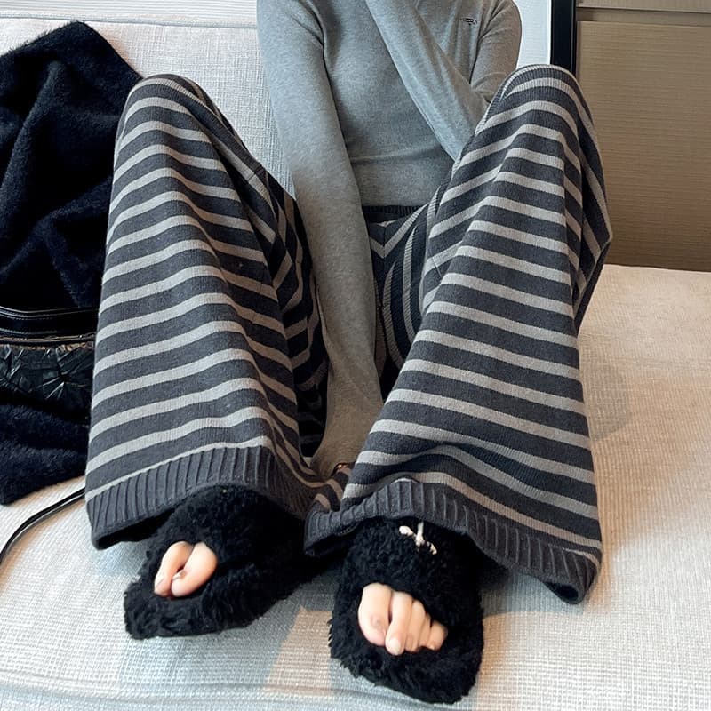 柄 パンツ シンプルリラックス ボーダーニットパンツ