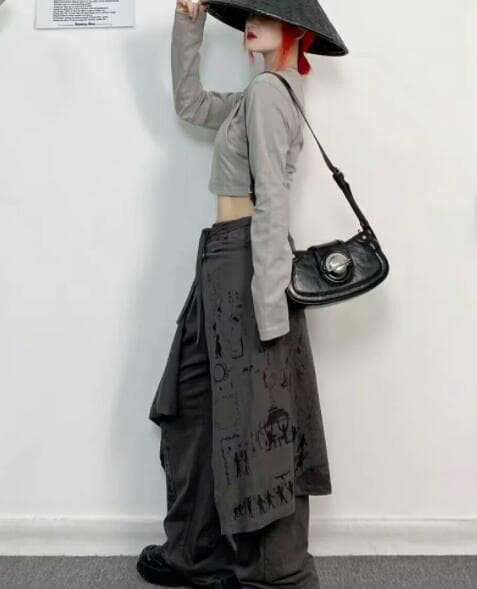 柄 パンツ 女の子向け不規則重ね着風ワイドパンツ