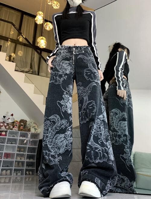 柄 パンツ 龍柄ワイドデニムパンツ レディース ユニセックス