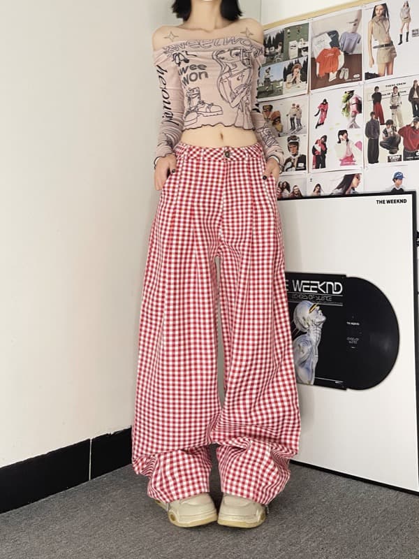 柄 パンツ 赤白チェック柄ワイドパンツ レディース格子柄ボトムス