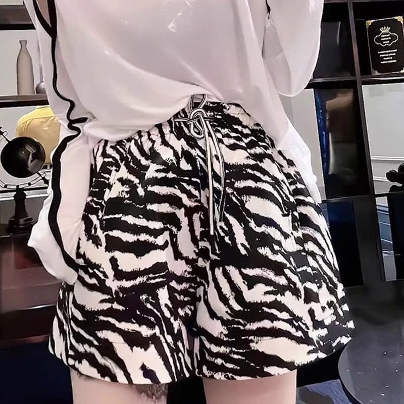 柄 パンツ アニマルプリントウエストリボンショートパンツ