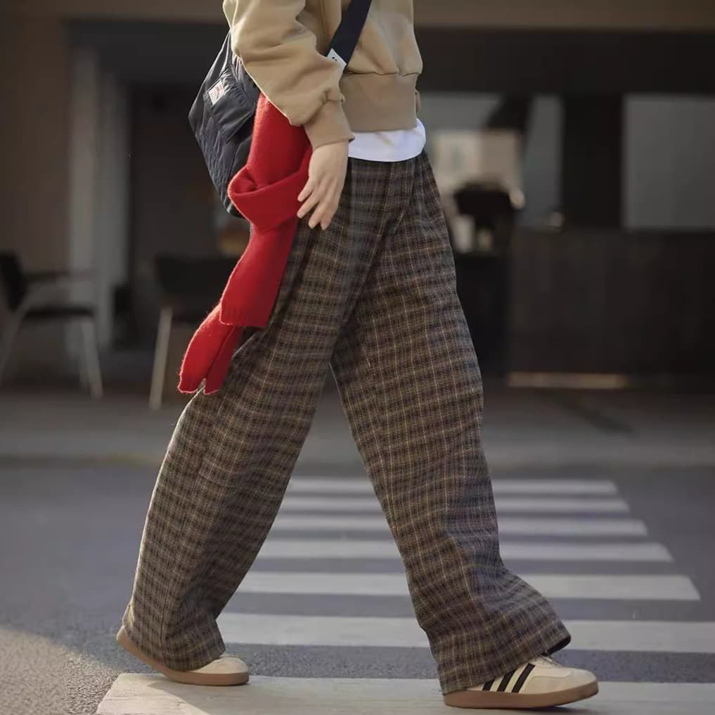 柄 パンツ レトロ格子柄 ワイドパンツ