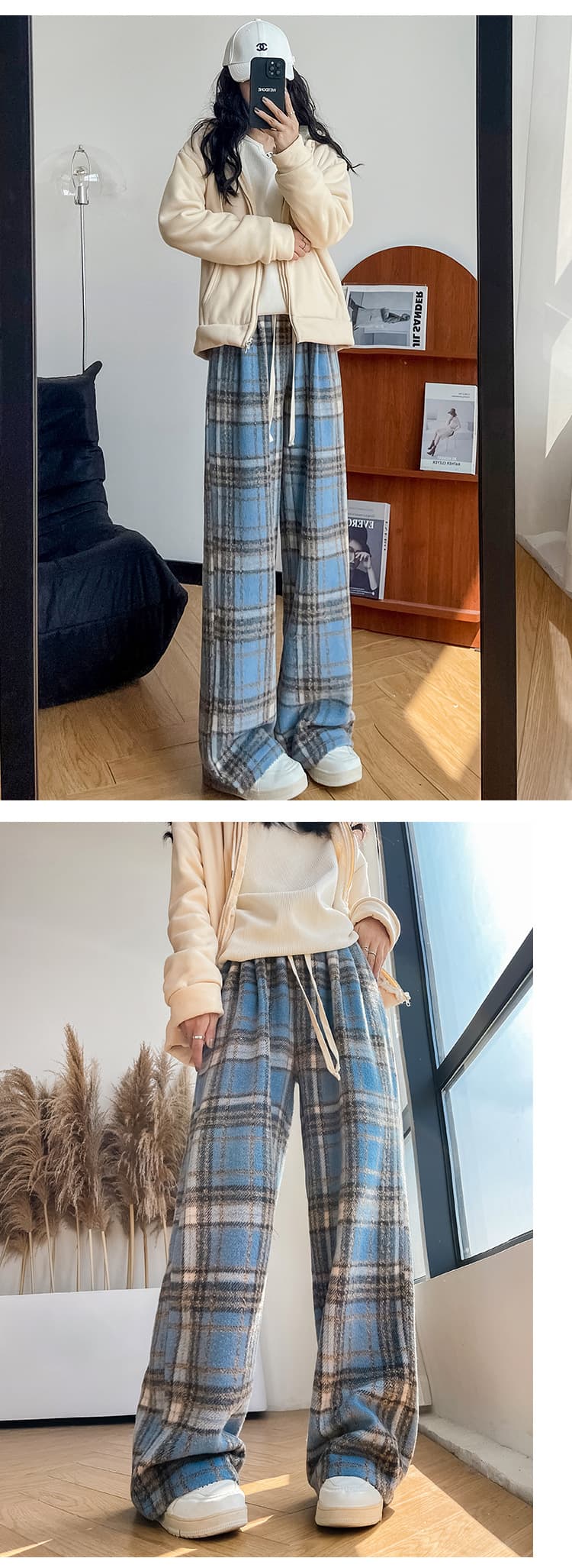 柄 パンツ ふんわり暖か チェックロングパンツ