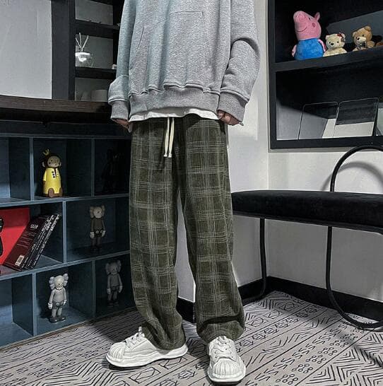 柄 パンツ 春夏メンズチェック柄パンツゆったりレトロボトムス