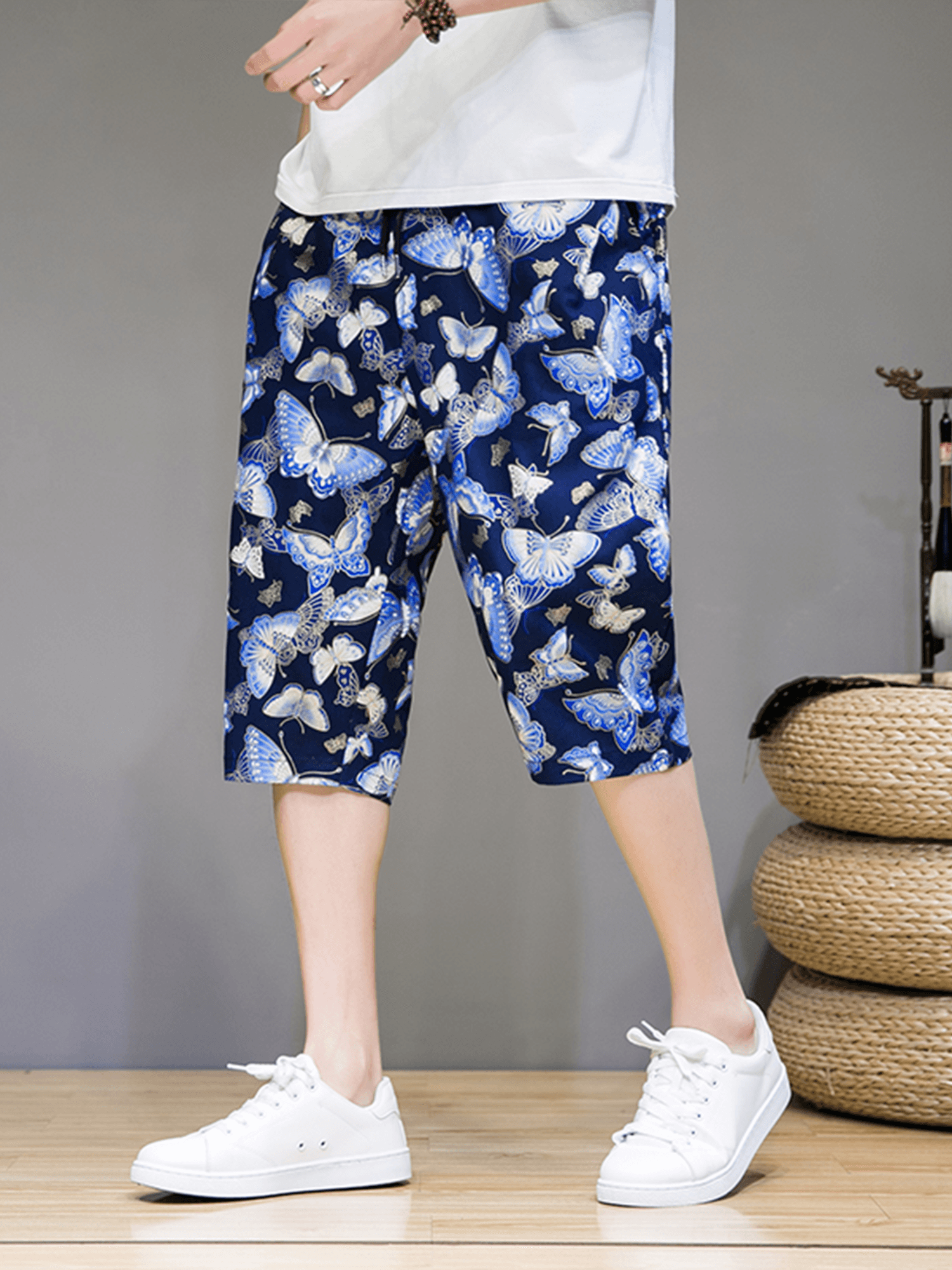 柄 パンツ 蝶々舞う涼やか七分丈パンツ