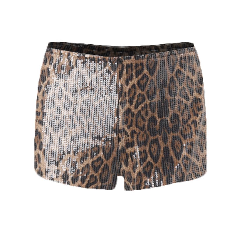 柄 パンツ キラめくヒョウ柄スパンコールショートパンツ