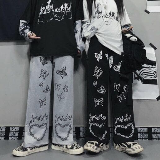 柄 パンツ 蝶々プリント ワイドパンツ カジュアル