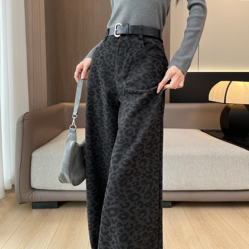 柄 パンツ ヒョウ柄ストレートワイドパンツ