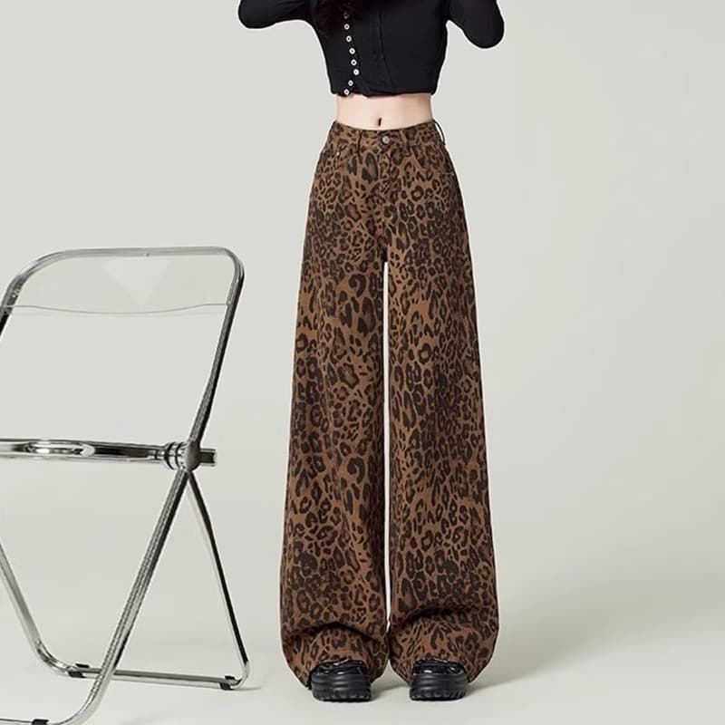 柄 パンツ ワイドシルエット 豹紋 デニムパンツ