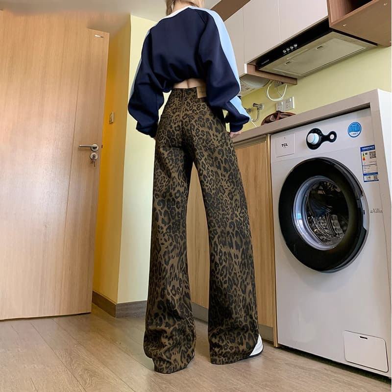 柄 パンツ ヒョウ柄ワイドデニムパンツ