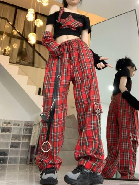 柄 パンツ レディース 赤チェック柄パンツ カジュアル