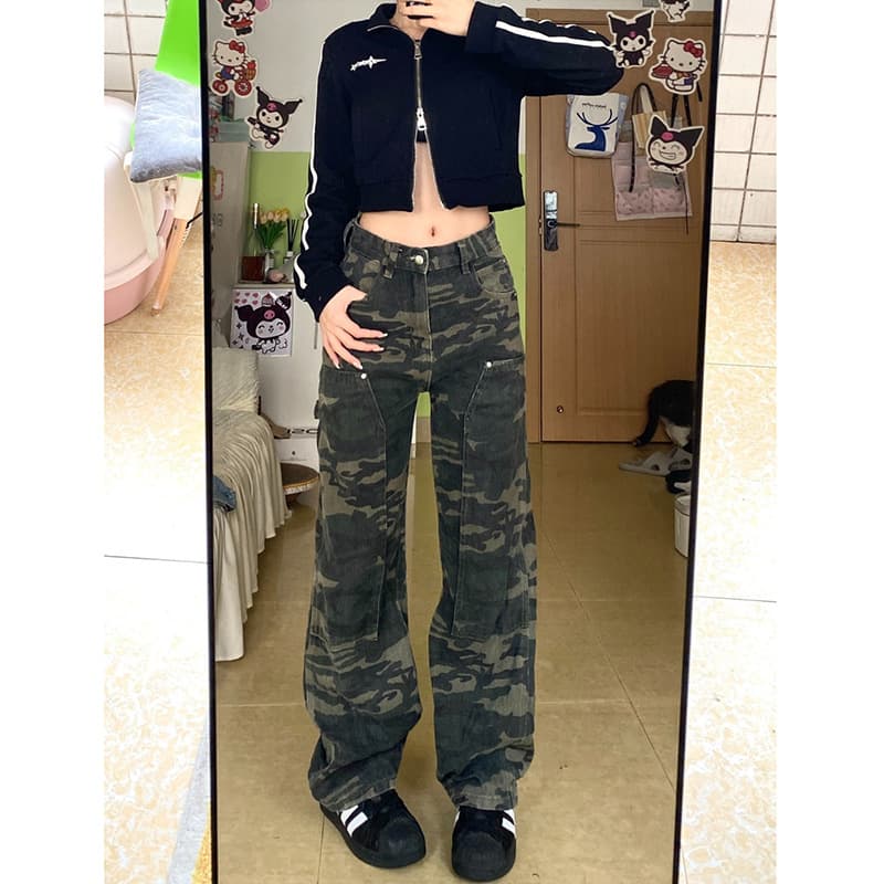 柄 パンツ ワイドシルエット迷彩カーゴパンツ