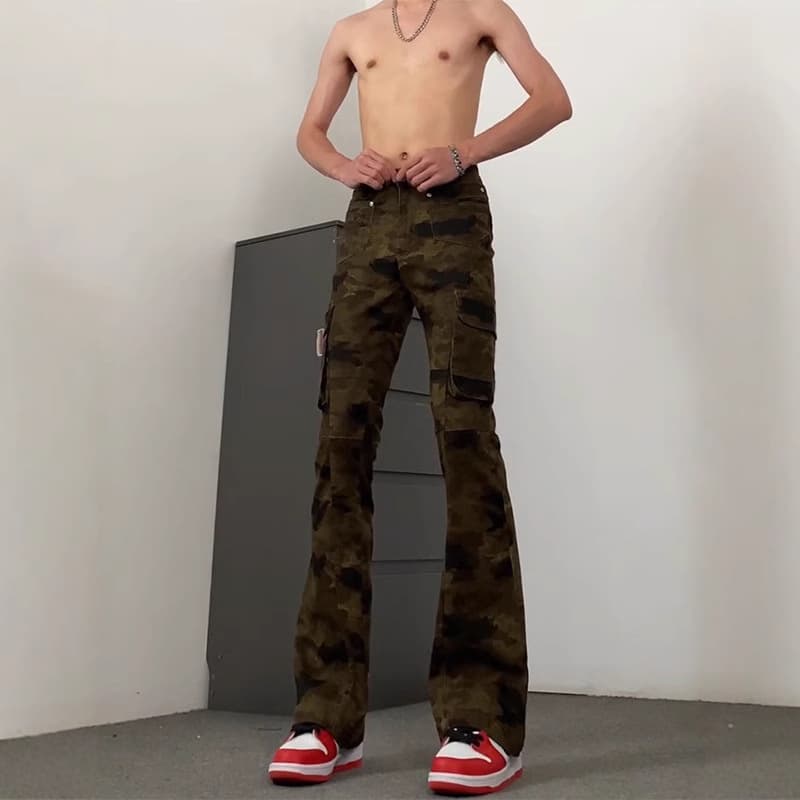 柄 パンツ 細身カーゴ ブーツカット 迷彩パンツ